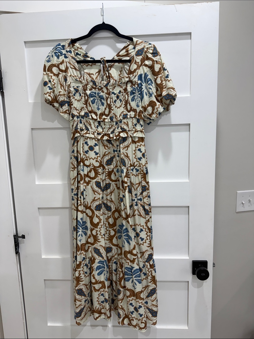 Smocked Waist Maxi Dress in Cream with Blue & Brown Floral Print